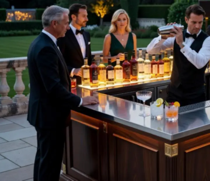 Mobilny bar koktajlowy z barmanem wykonującym efektowne show podczas eleganckiego eventu.