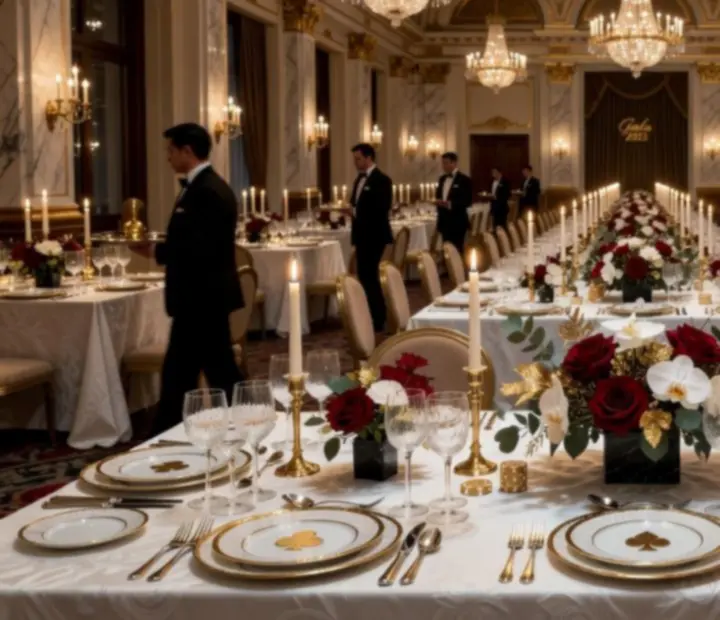 Gala dinner z luksusową dekoracją stołów i oświetleniem