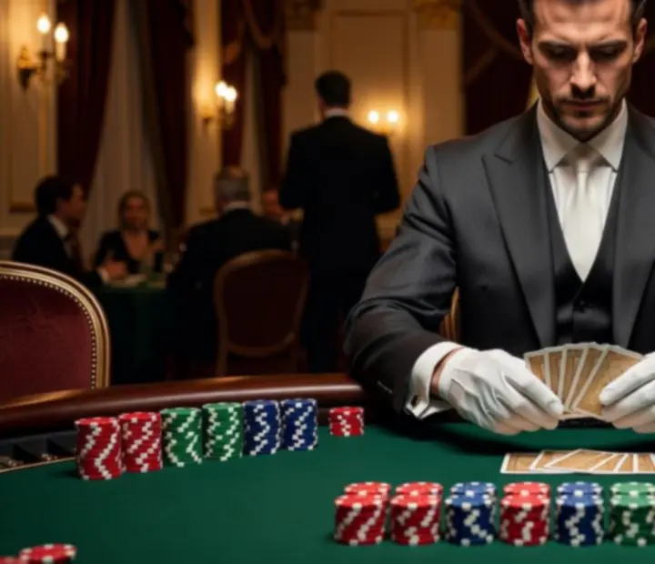 Profesjonalny krupier rozdający karty przy eleganckim stole pokerowym