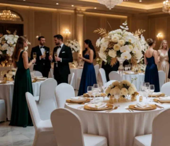 Eleganckie, luksusowe przyjęcie prywatne z dopracowaną aranżacją stołów